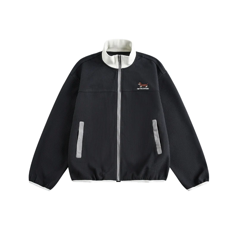 Damen Waffelstruktur Zipjacke im Boxy‑Cut mit Stehkragen und Hundestickerei Nord Taschen
