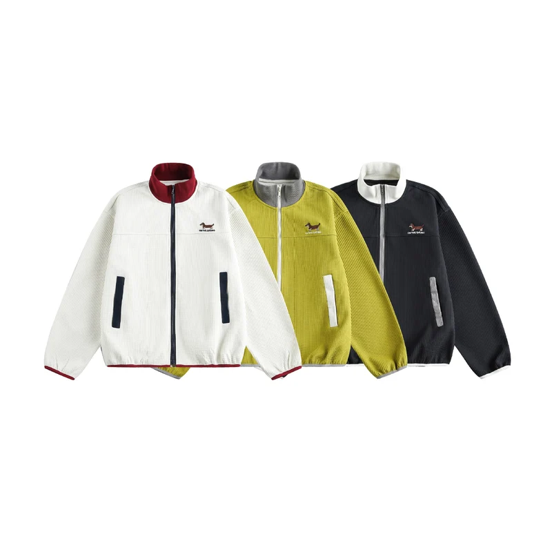 Damen Waffelstruktur Zipjacke im Boxy‑Cut mit Stehkragen und Hundestickerei Nord Taschen