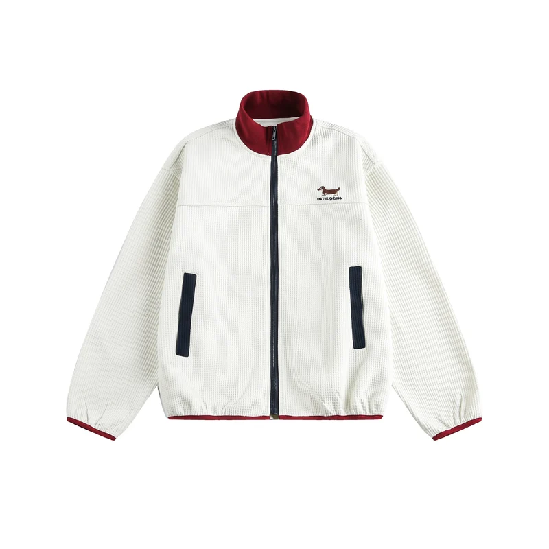 Damen Waffelstruktur Zipjacke im Boxy‑Cut mit Stehkragen und Hundestickerei Nord Taschen