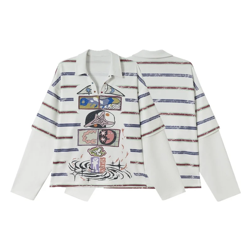 Damen Waffel-Polo-Shirt mit Grafik-Print, Streifen und halber Druckknopfleiste Nord Taschen