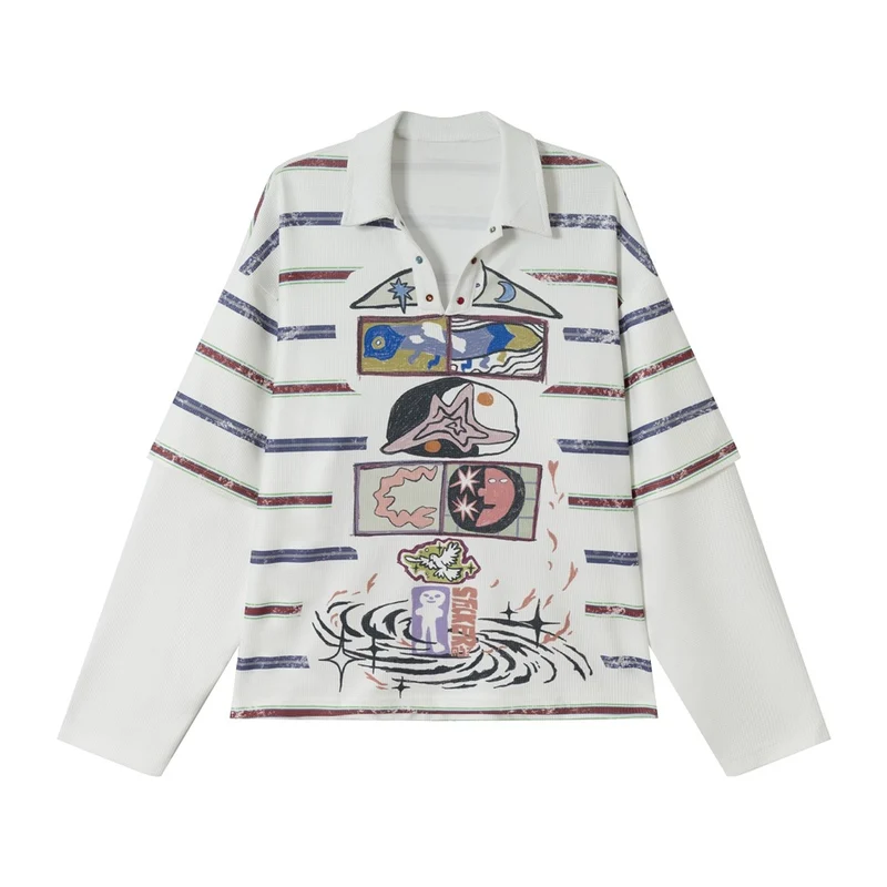 Damen Waffel-Polo-Shirt mit Grafik-Print, Streifen und halber Druckknopfleiste Nord Taschen