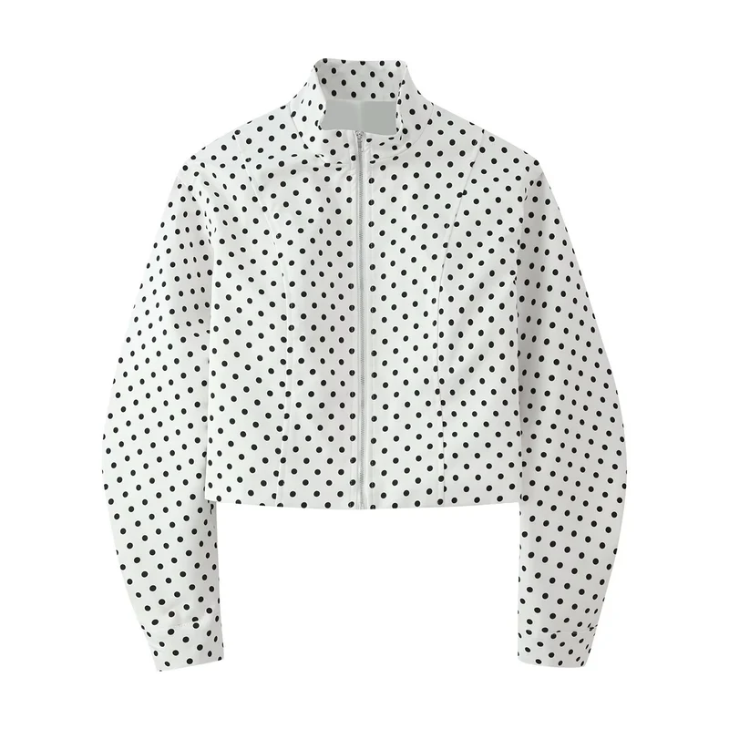 Damen Cropped Blousonjacke im Retro-Punkteprint mit Stehkragen und figurgebenden Teilnähten Nord Taschen