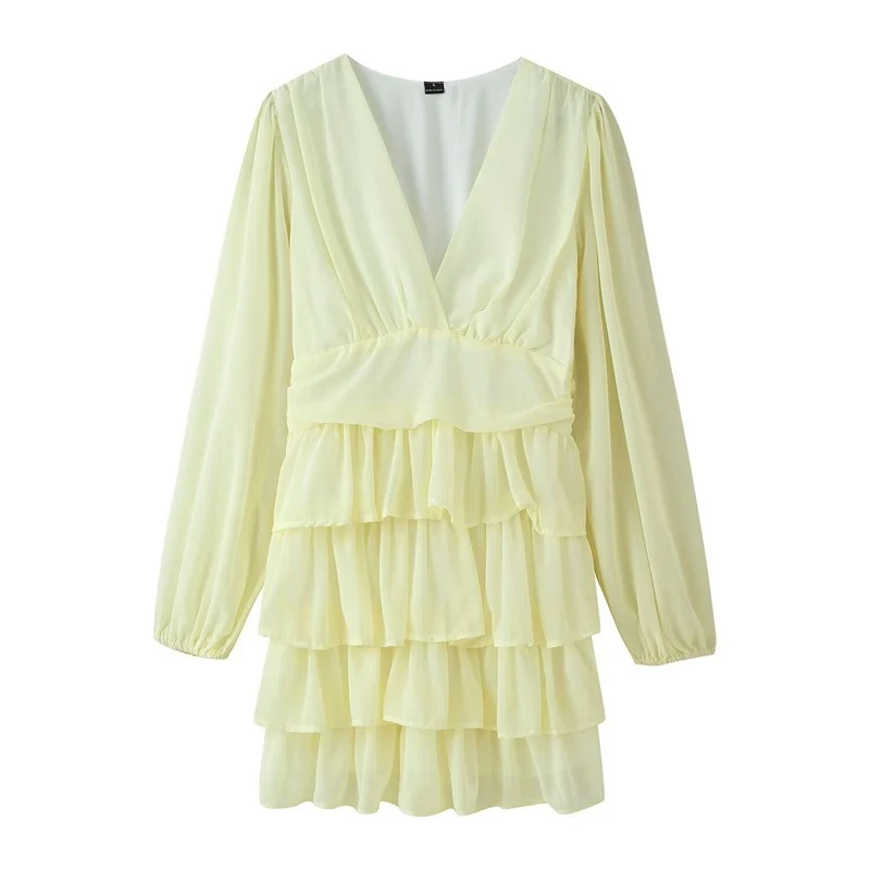 Damen Chiffon‑Minikleid mit V‑Ausschnitt, langen Ärmeln und mehrlagigen Volants Nord Taschen