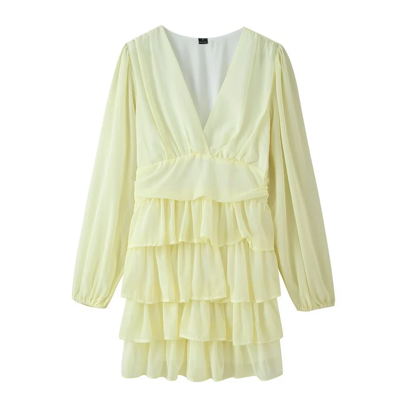 Damen Chiffon‑Minikleid mit V‑Ausschnitt, langen Ärmeln und mehrlagigen Volants Nord Taschen