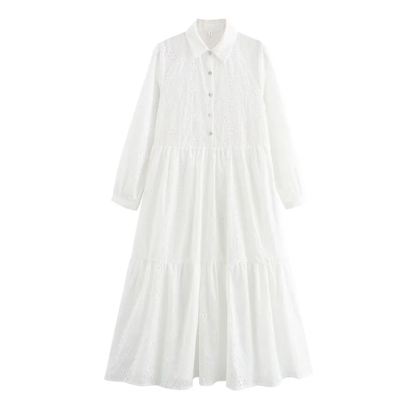 Damen Broderie-Anglaise Hemdblusenkleid mit Stufenrock Nord Taschen