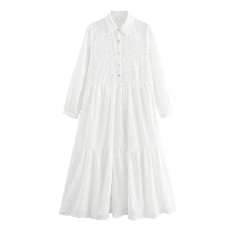 Damen Broderie-Anglaise Hemdblusenkleid mit Stufenrock Nord Taschen
