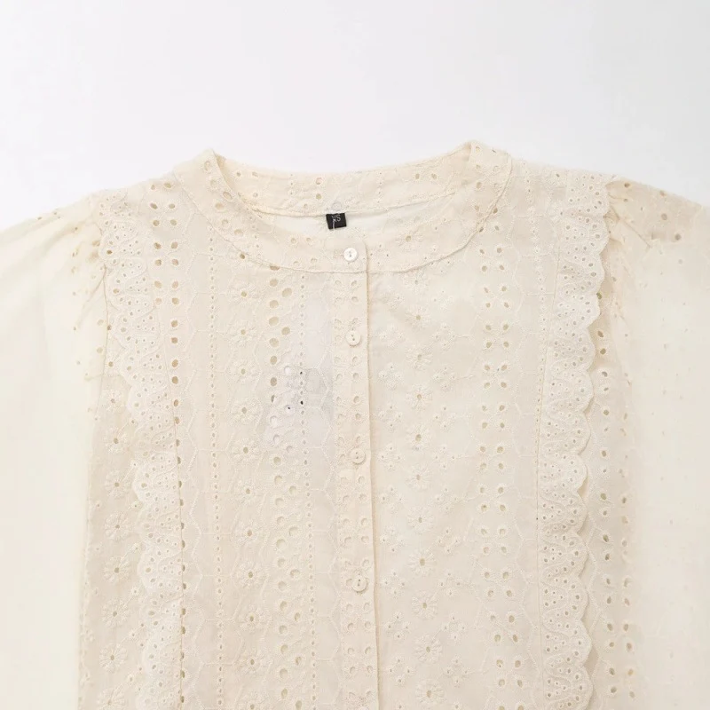 Damen Broderie Anglaise Baumwollbluse mit Rüschenbesatz und Ballonärmeln Nord Taschen