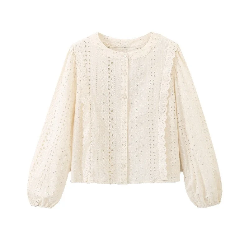 Damen Broderie Anglaise Baumwollbluse mit Rüschenbesatz und Ballonärmeln Nord Taschen
