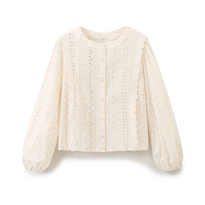 Damen Broderie Anglaise Baumwollbluse mit Rüschenbesatz und Ballonärmeln Nord Taschen