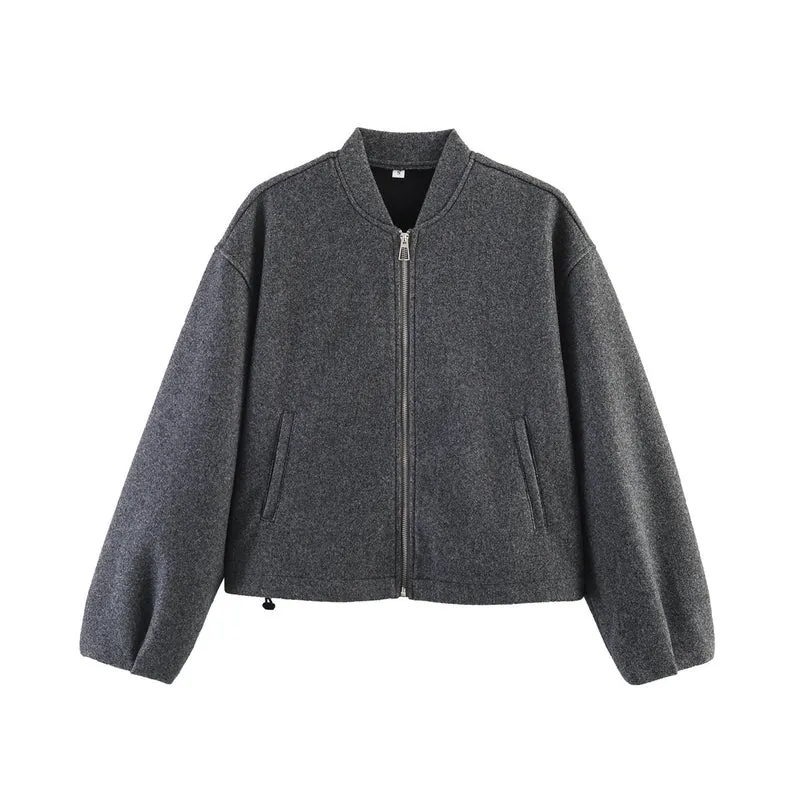 Damen Boxy Wollmix-Zipjacke mit kurzem Saum und Tunnelzug Nord Taschen