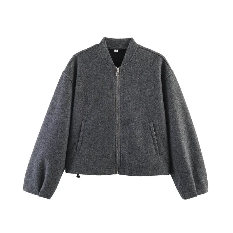 Damen Boxy Wollmix-Zipjacke mit kurzem Saum und Tunnelzug Nord Taschen