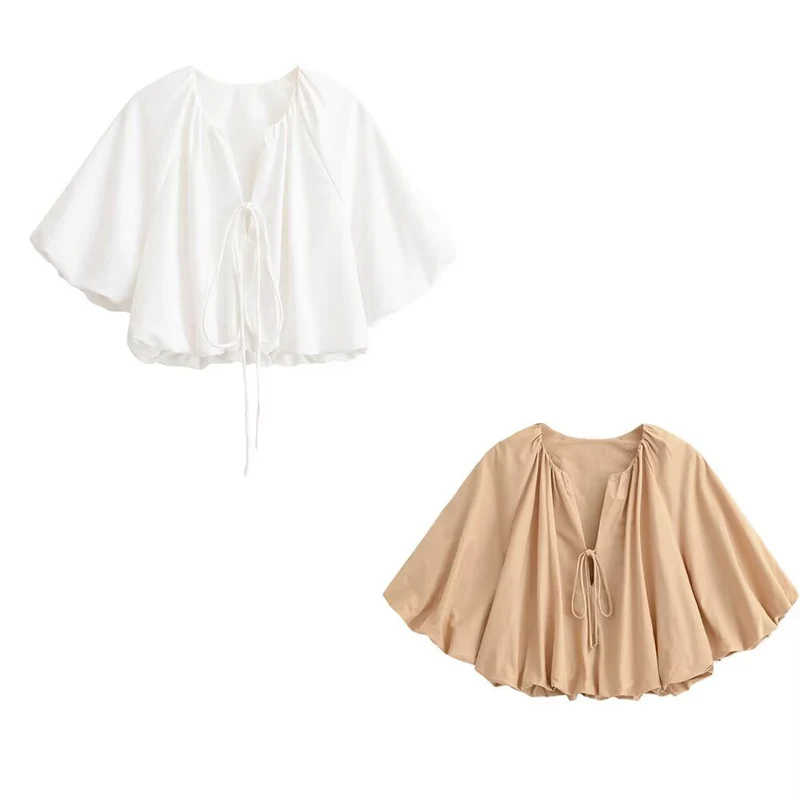 Damen Oversize Cape-Bluse mit Tunnelzug, Ballonärmeln und gerafftem Saum Nord Taschen
