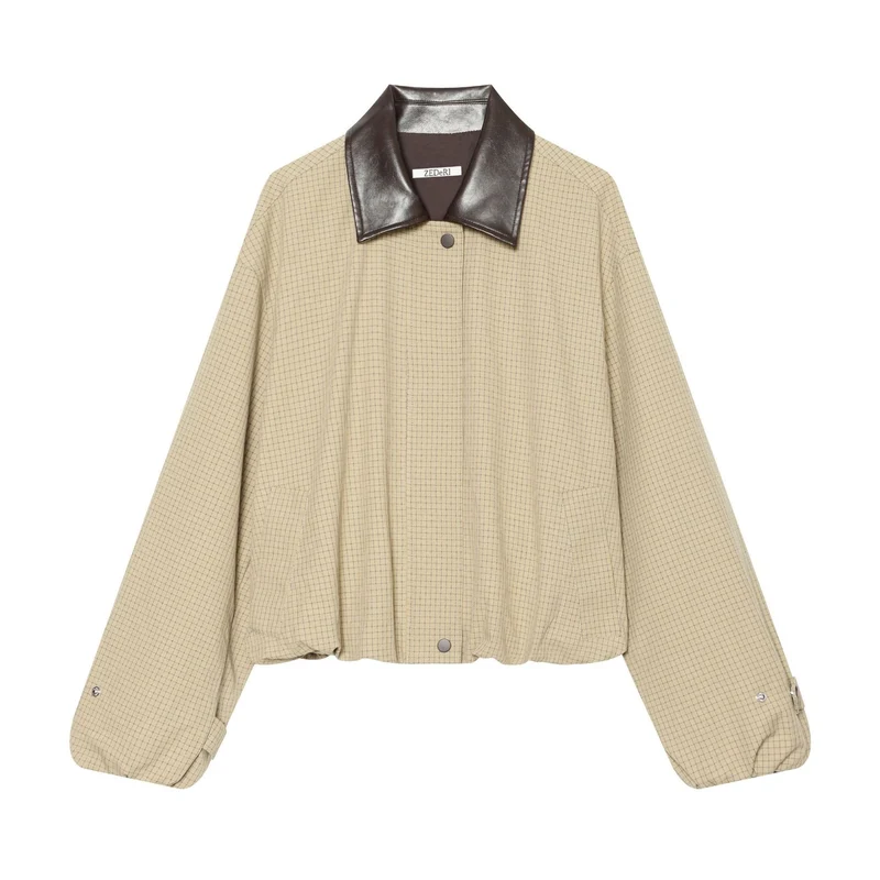 Damen Oversize-Boxy-Jacke mit Karomuster, Kunstleder-Revers und Kordelzugsaum Nord Taschen