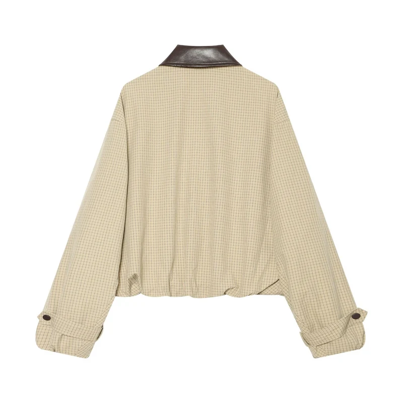 Damen Oversize-Boxy-Jacke mit Karomuster, Kunstleder-Revers und Kordelzugsaum Nord Taschen