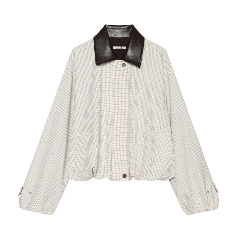 Damen Oversize-Boxy-Jacke mit Karomuster, Kunstleder-Revers und Kordelzugsaum Nord Taschen