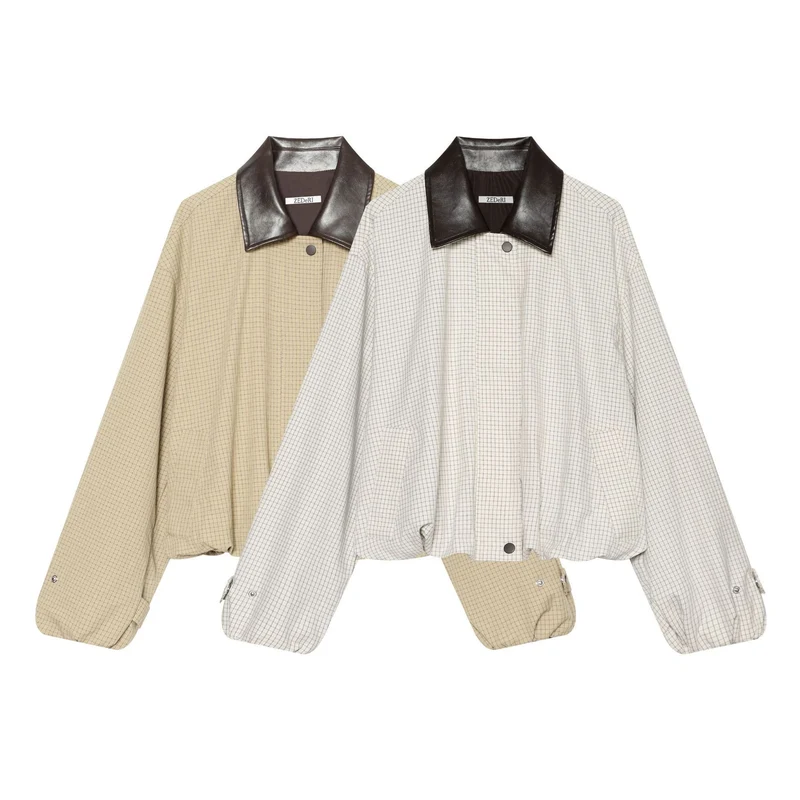 Damen Oversize-Boxy-Jacke mit Karomuster, Kunstleder-Revers und Kordelzugsaum Nord Taschen