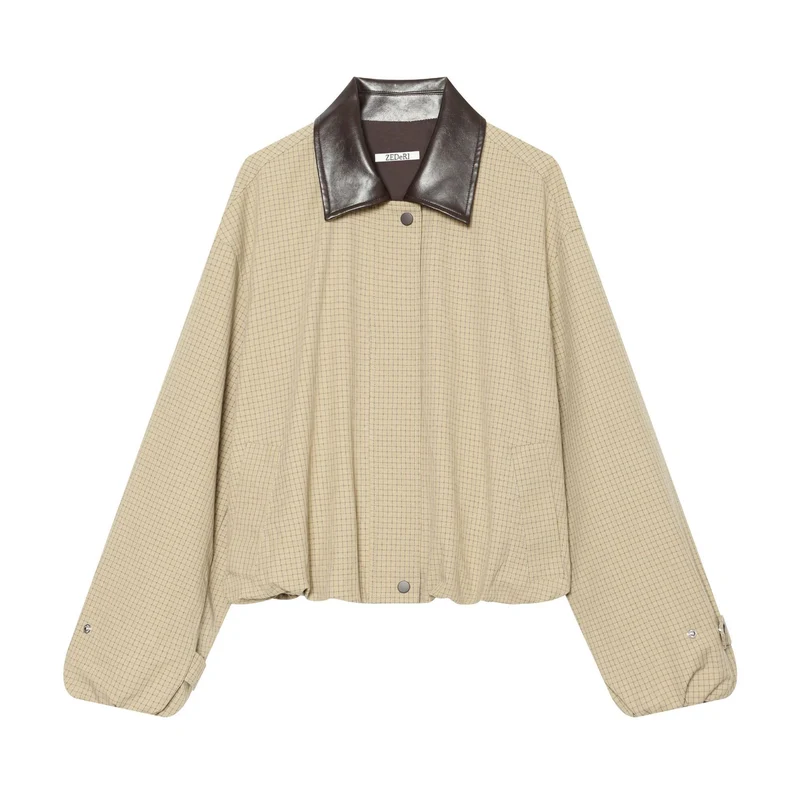 Damen Oversize-Boxy-Jacke mit Karomuster, Kunstleder-Revers und Kordelzugsaum Nord Taschen