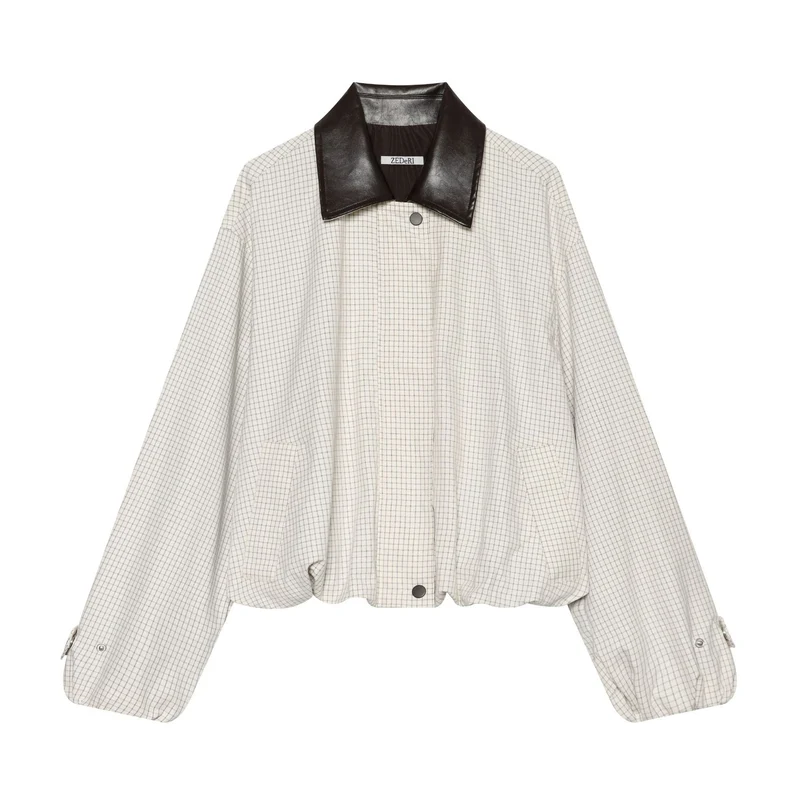 Damen Oversize-Boxy-Jacke mit Karomuster, Kunstleder-Revers und Kordelzugsaum Nord Taschen