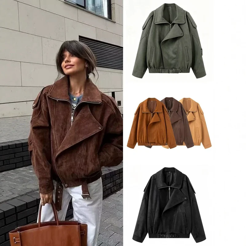 Damen Oversize Bomberjacke mit breitem Reverskragen, Taillengürtel und Schulterklappen Nord Taschen