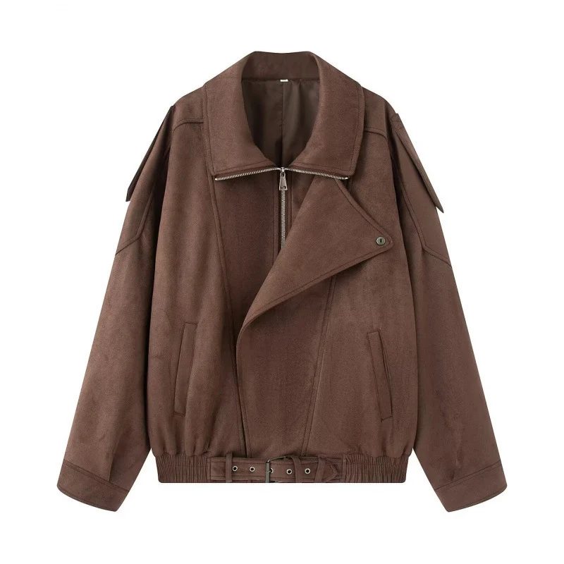 Damen Oversize Bomberjacke mit breitem Reverskragen, Taillengürtel und Schulterklappen Nord Taschen