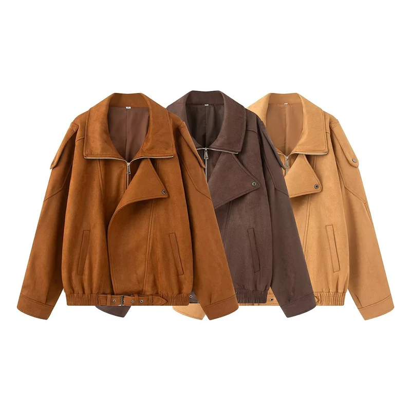 Damen Oversize Bomberjacke mit breitem Reverskragen, Taillengürtel und Schulterklappen Nord Taschen