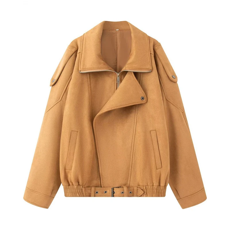Damen Oversize Bomberjacke mit breitem Reverskragen, Taillengürtel und Schulterklappen Nord Taschen
