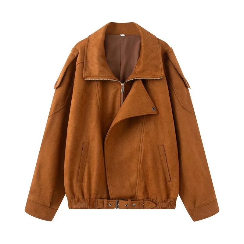 Damen Oversize Bomberjacke mit breitem Reverskragen, Taillengürtel und Schulterklappen Nord Taschen