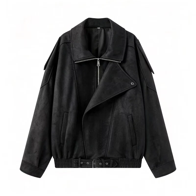 Damen Oversize Bomberjacke mit breitem Reverskragen, Taillengürtel und Schulterklappen Nord Taschen
