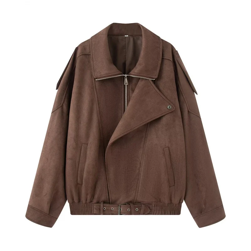 Damen Oversize Bomberjacke mit breitem Reverskragen, Taillengürtel und Schulterklappen Nord Taschen