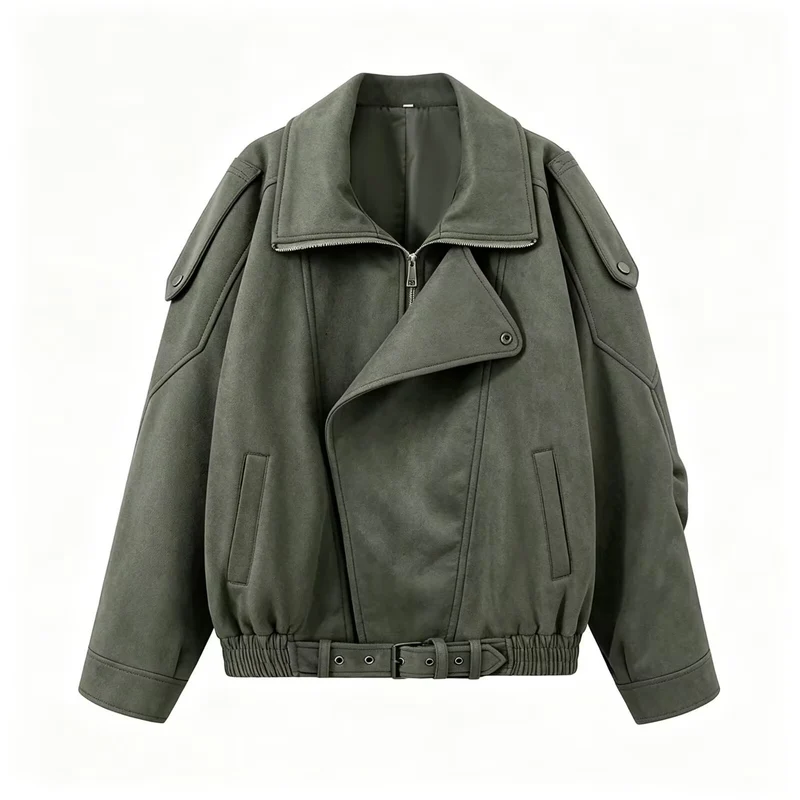 Damen Oversize Bomberjacke mit breitem Reverskragen, Taillengürtel und Schulterklappen Nord Taschen