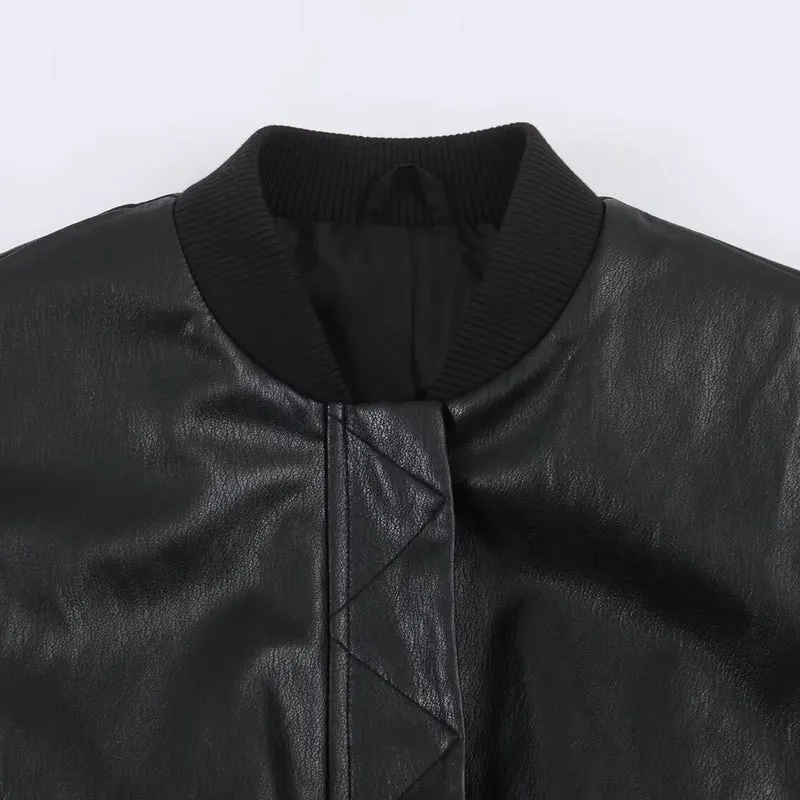 Damen Oversize Bomberjacke aus Kunstleder mit gerippten Bündchen Nord Taschen