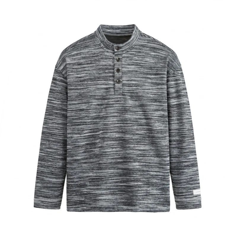 Herren Strukturierter Henley-Strickpullover mit Stehkragen und Melange-Struktur Nord Taschen