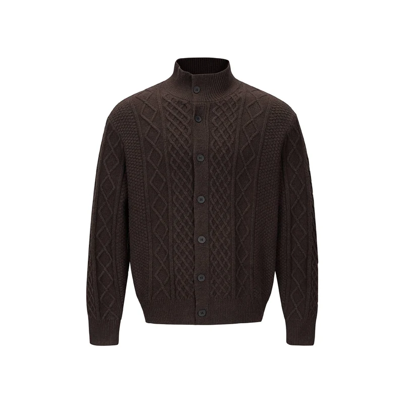 Herren Strickcardigan mit Zopfmuster, Stehkragen und knöpfbarer Front Nord Taschen
