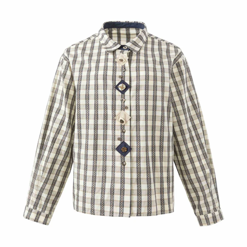 Damen Locker geschnittene Bluse im Vintage‑Karo mit dekorativer Zierknopfleiste Nord Taschen