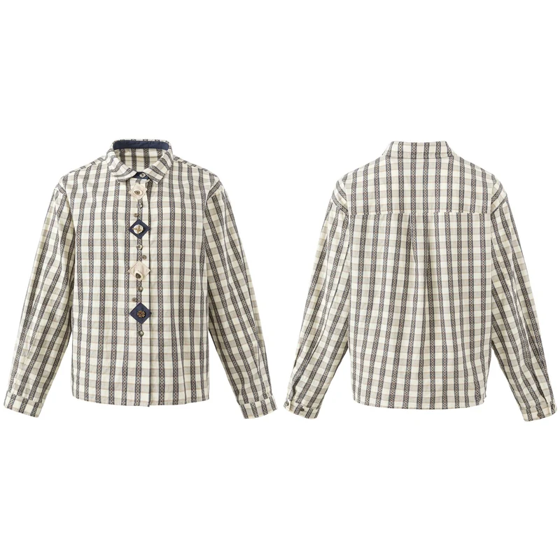 Damen Locker geschnittene Bluse im Vintage‑Karo mit dekorativer Zierknopfleiste Nord Taschen