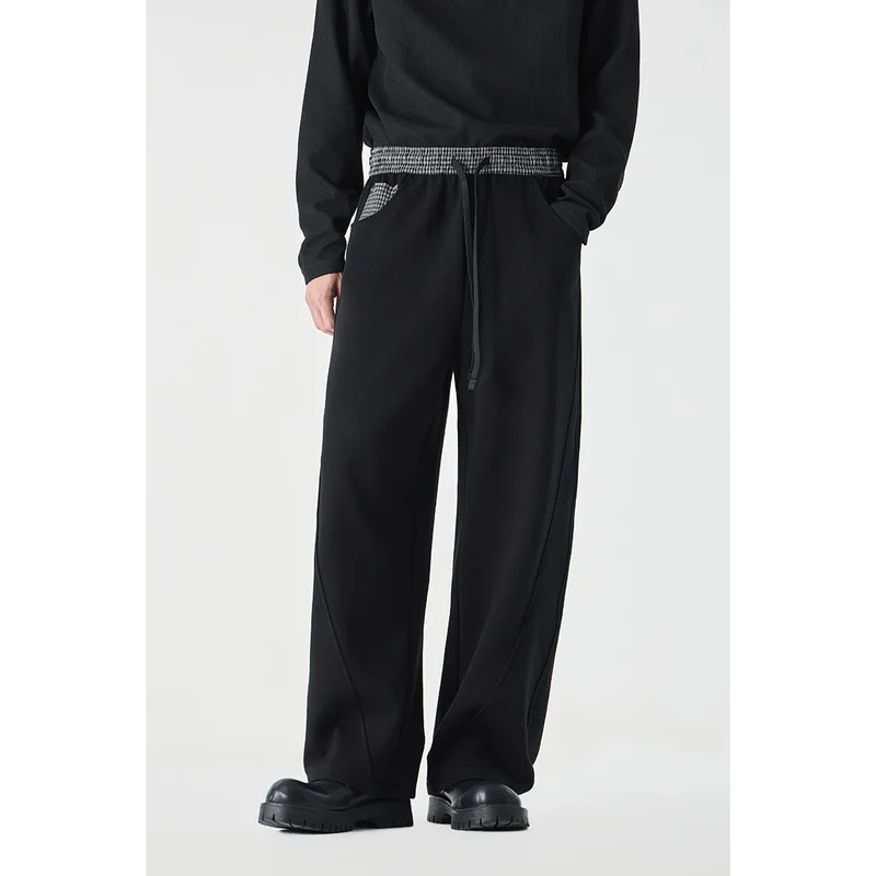 Damen Leichte Sweatpants mit hohem Gummibund, Karomusterbesatz und weitem Cropped Schnitt Nord Taschen