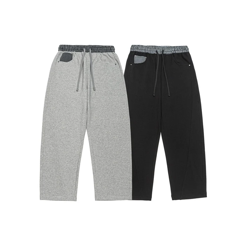 Damen Leichte Sweatpants mit hohem Gummibund, Karomusterbesatz und weitem Cropped Schnitt Nord Taschen