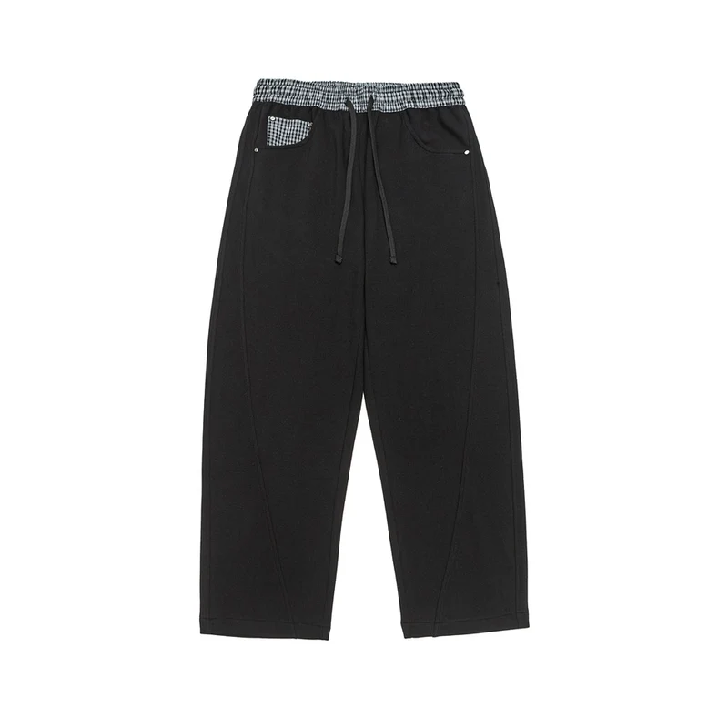 Damen Leichte Sweatpants mit hohem Gummibund, Karomusterbesatz und weitem Cropped Schnitt Nord Taschen