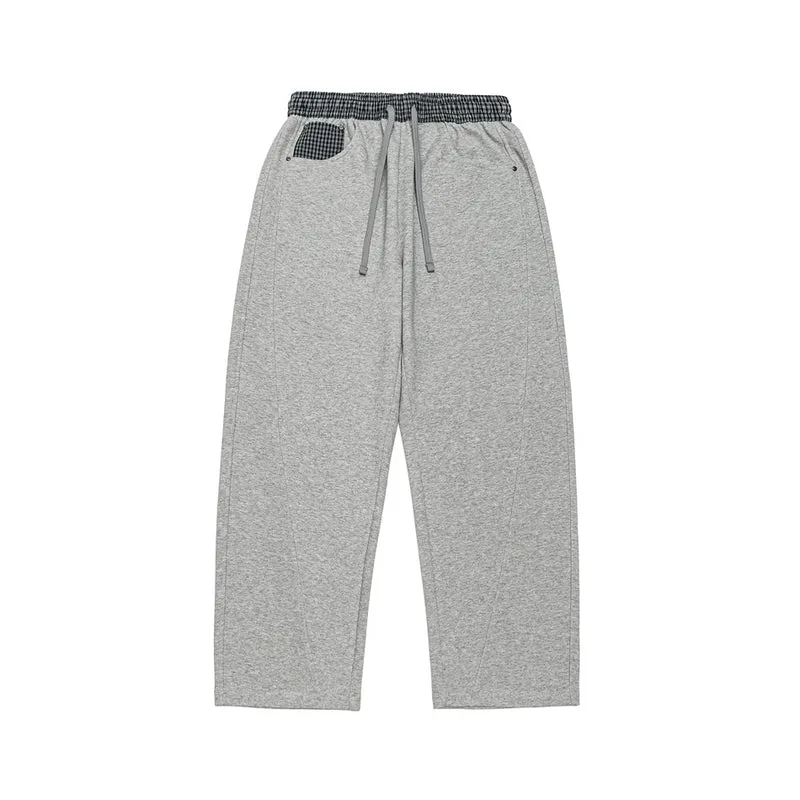 Damen Leichte Sweatpants mit hohem Gummibund, Karomusterbesatz und weitem Cropped Schnitt Nord Taschen