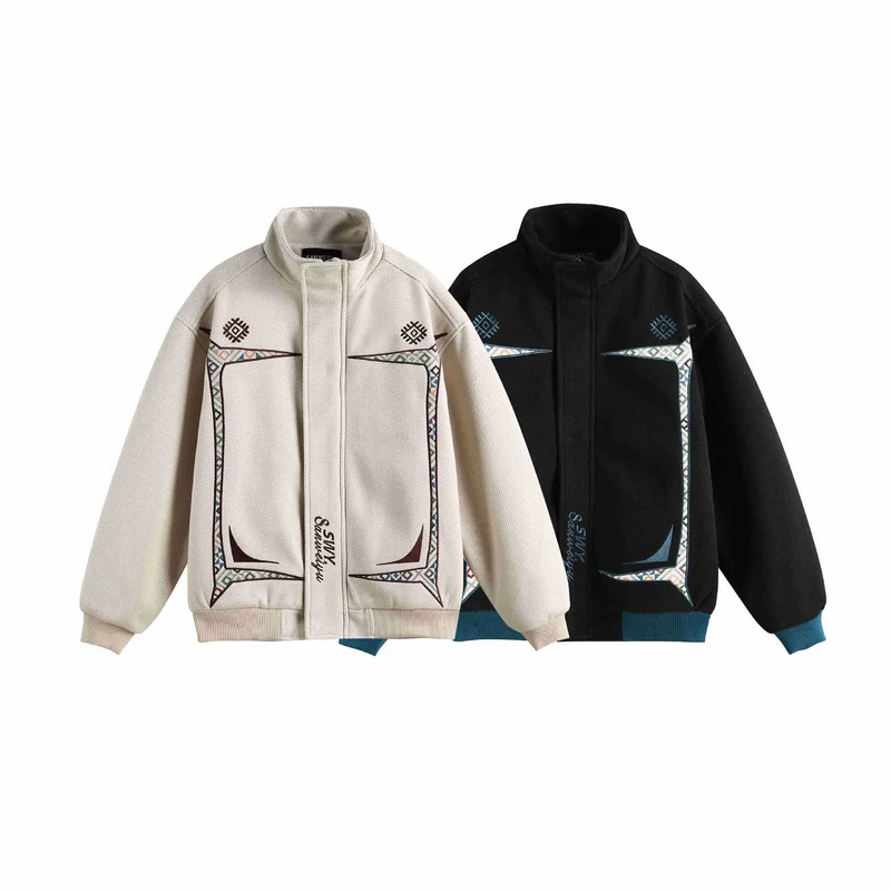 Damen Leichte Stehkragen-Jacke mit folkloren Stickapplikationen und gerippten Bündchen Nord Taschen