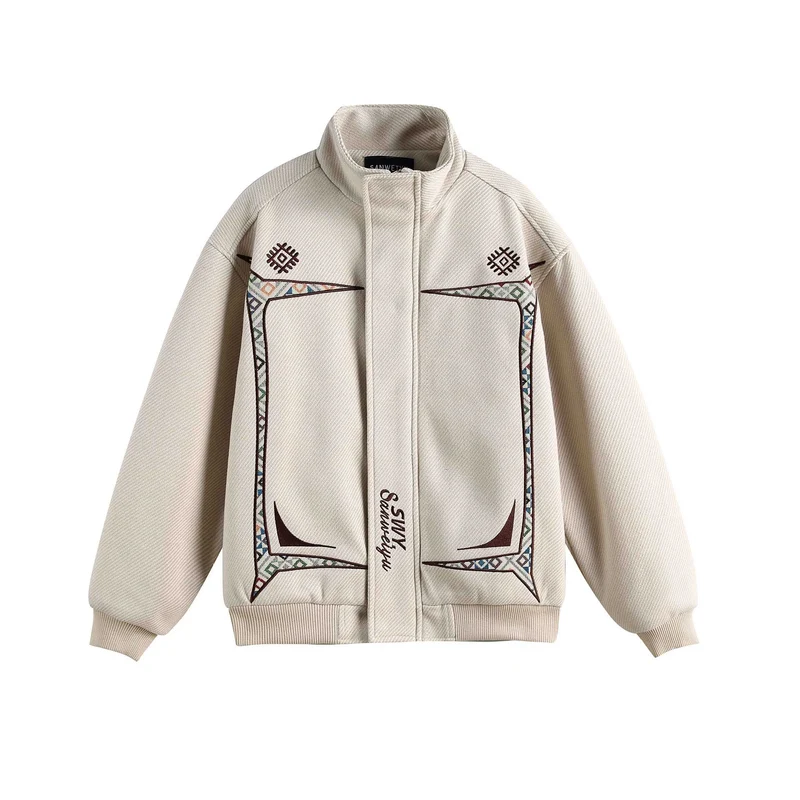 Damen Leichte Stehkragen-Jacke mit folkloren Stickapplikationen und gerippten Bündchen Nord Taschen