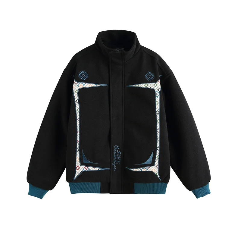 Damen Leichte Stehkragen-Jacke mit folkloren Stickapplikationen und gerippten Bündchen Nord Taschen