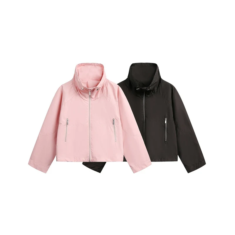 Damen Leichte Cropped Übergangsjacke mit hohem Stehkragen und Reißverschlusstaschen Nord Taschen
