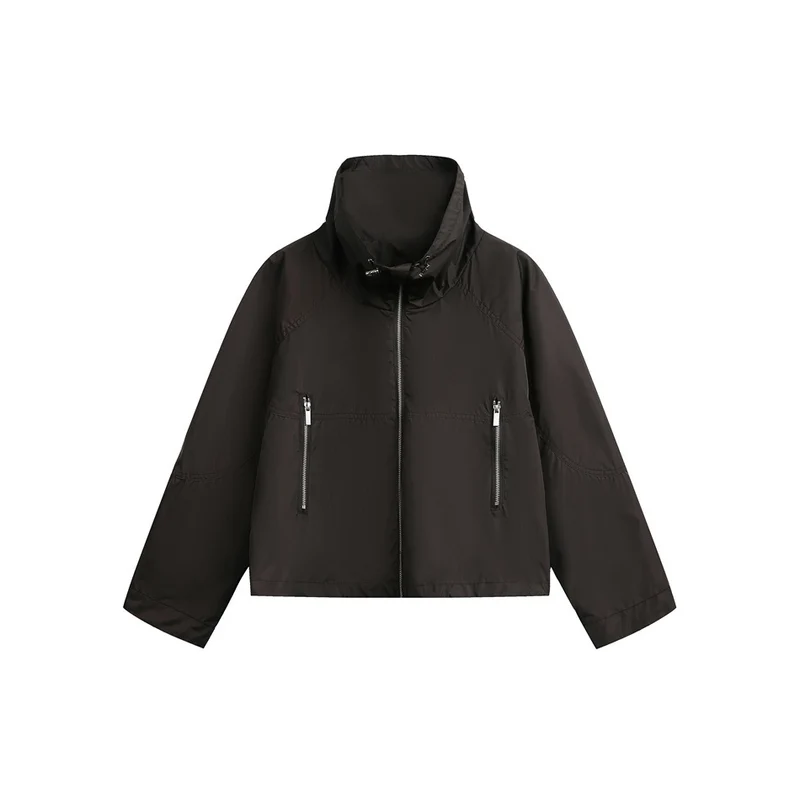 Damen Leichte Cropped Übergangsjacke mit hohem Stehkragen und Reißverschlusstaschen Nord Taschen