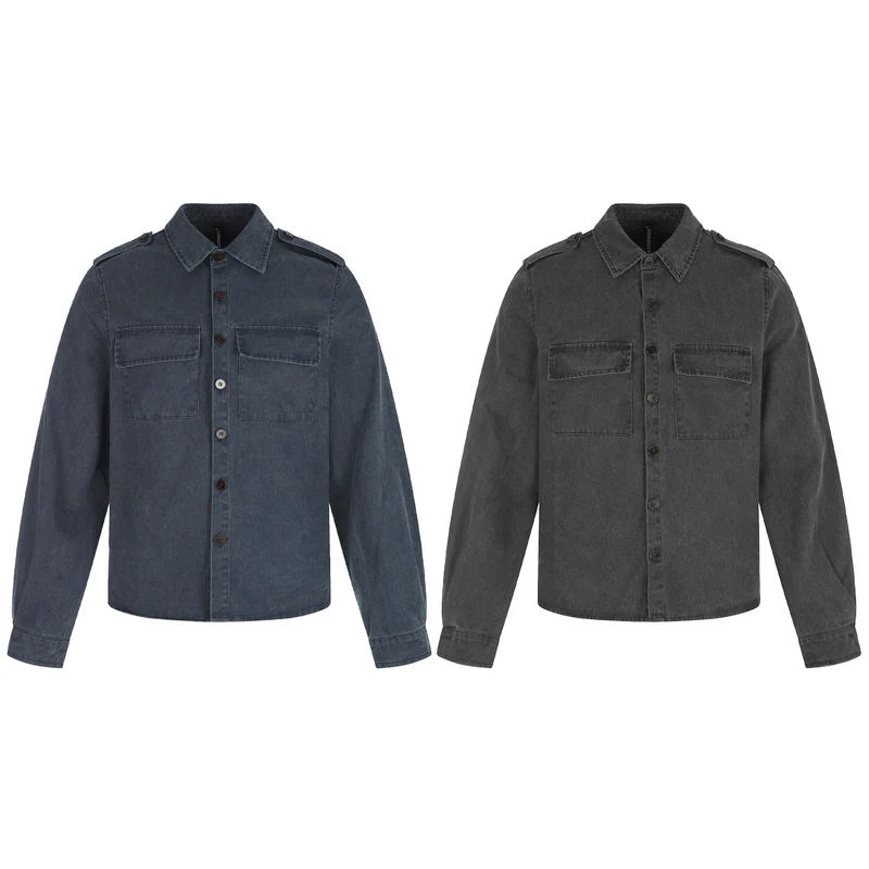 Herren Hemdjacke aus gewaschenem Denim mit Pattentaschen und Schulterklappen Nord Taschen