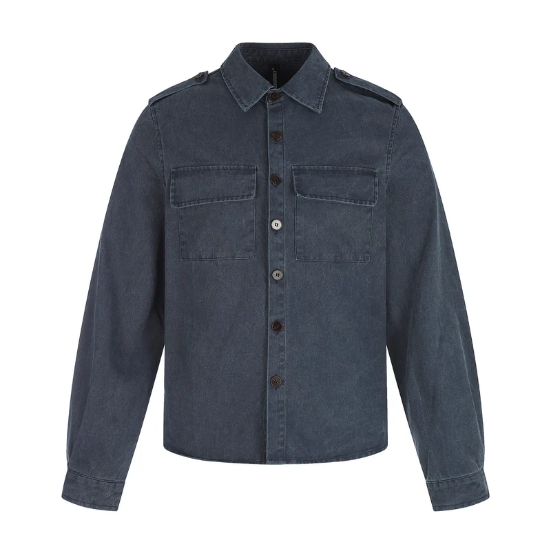 Herren Hemdjacke aus gewaschenem Denim mit Pattentaschen und Schulterklappen Nord Taschen