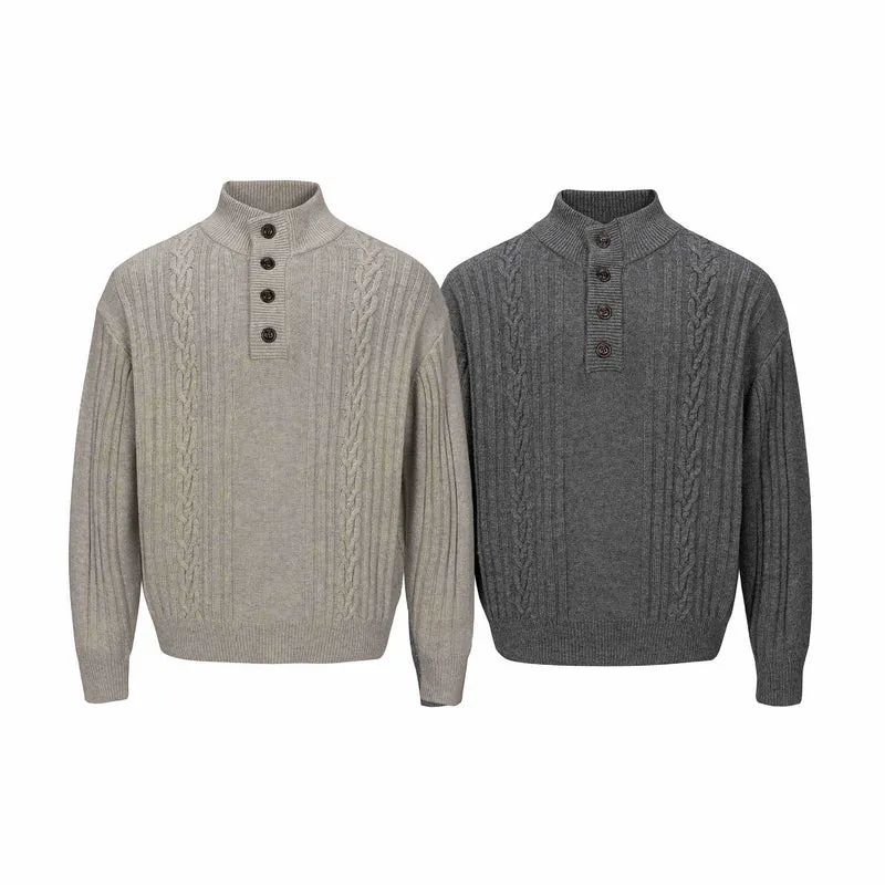 Herren Grobstrukturierter Strickpullover mit Stehkragen und Knopfleiste Nord Taschen