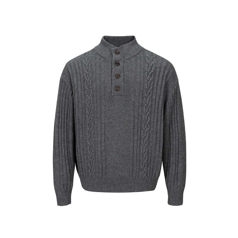 Herren Grobstrukturierter Strickpullover mit Stehkragen und Knopfleiste Nord Taschen