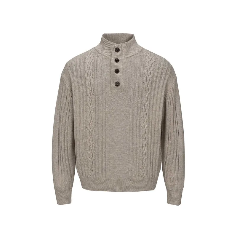 Herren Grobstrukturierter Strickpullover mit Stehkragen und Knopfleiste Nord Taschen