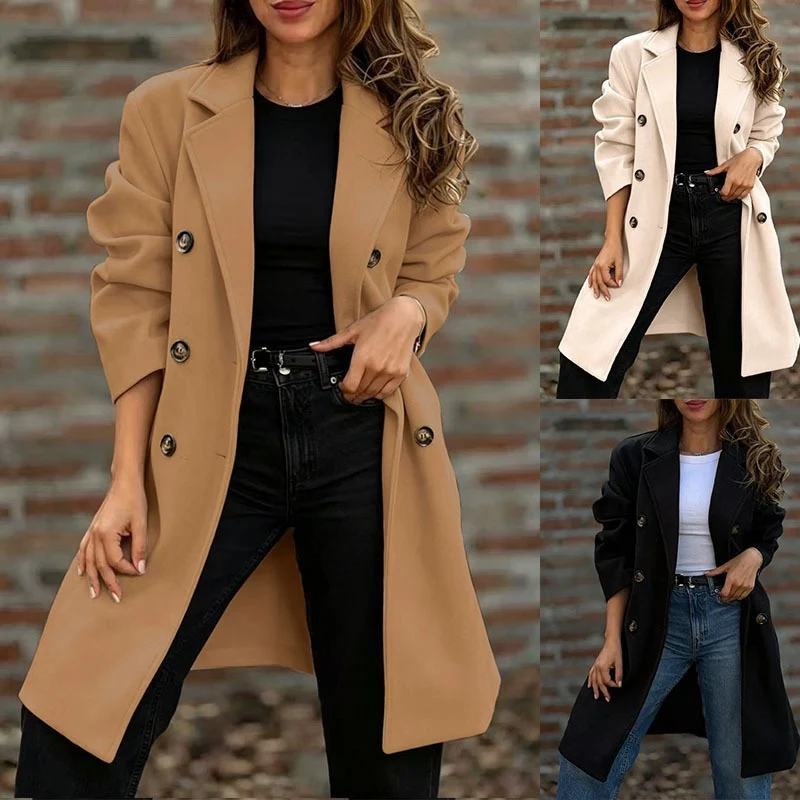 Damen Midilanger Doppelreihiger Mantel im legeren Oversize‑Schnitt mit Reverskragen Nord Taschen